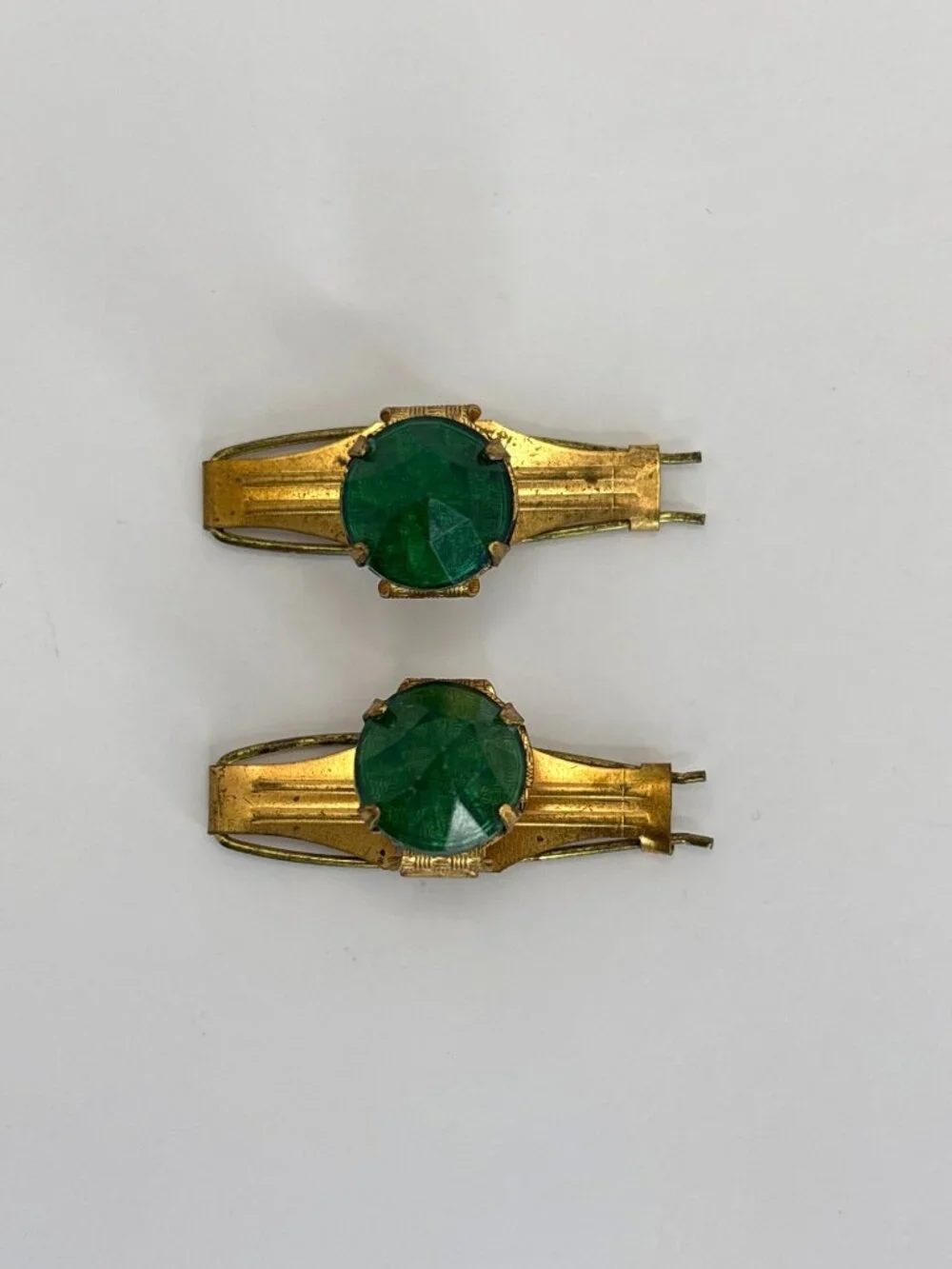Vintage Rare 1930's Metal Gold Tone Metal Hair Barret Clips Pins Green Stone